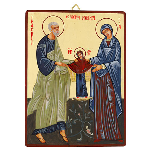 Icon of St. Anne with St. Joachim and Mary Romanian antiqued style 31x23 cm 1