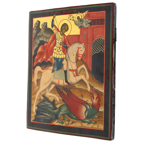 Icona Russa San Giorgio a cavallo dipinta su tavola antica 35x30 cm 3