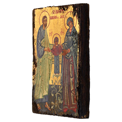 Icona antichizzata dipinta Romania San Gioacchino con Sant'Anna e Maria 18x14 cm  2