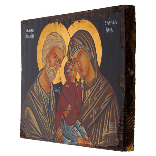 Icona dipinta Romania 30x20 cm San Gioacchino Sant'Anna e Maria tavola antichizzata 3