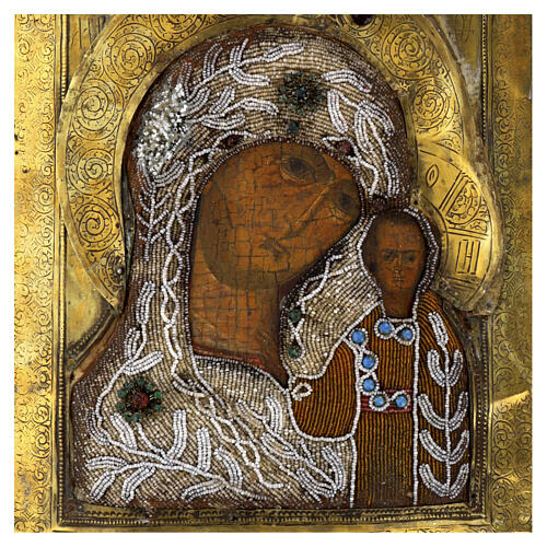 Antique Russian icon, Our Lady of Kazan, 17th-18th century, honourific embroidery, bead flower, 12x10 in 2