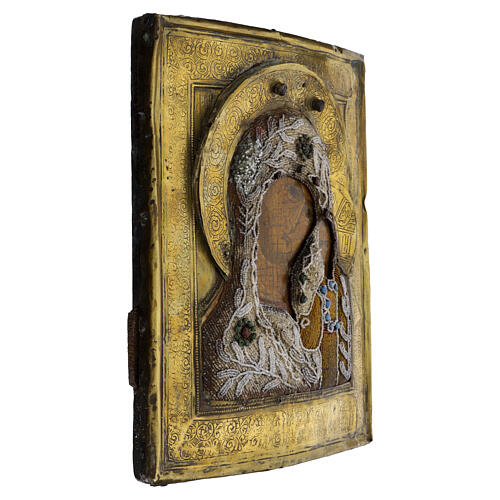 Antique Russian icon, Our Lady of Kazan, 17th-18th century, honourific embroidery, bead flower, 12x10 in 5