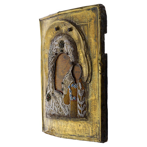 Icona Russa antica Madonna Kazan ricamo onorifico perle di iris XVII-XVIII secolo 31x26 cm 3