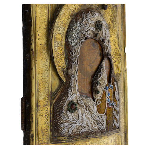 Icona Russa antica Madonna Kazan ricamo onorifico perle di iris XVII-XVIII secolo 31x26 cm 6