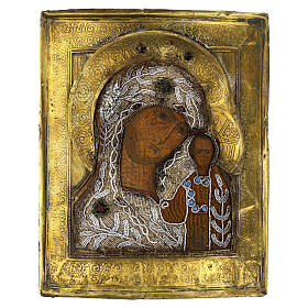 Ícone Russo antigo Nossa Senhora de Cazã bordado honorífico flores de pérolas séculos XVII-XVIII 30x25 cm