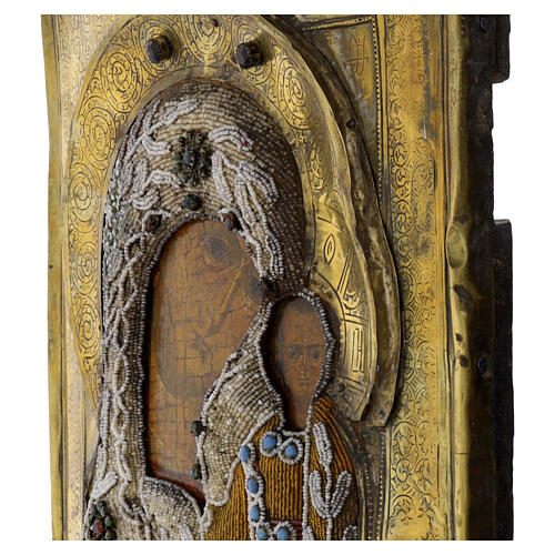 Ícone Russo antigo Nossa Senhora de Cazã bordado honorífico flores de pérolas séculos XVII-XVIII 30x25 cm 4