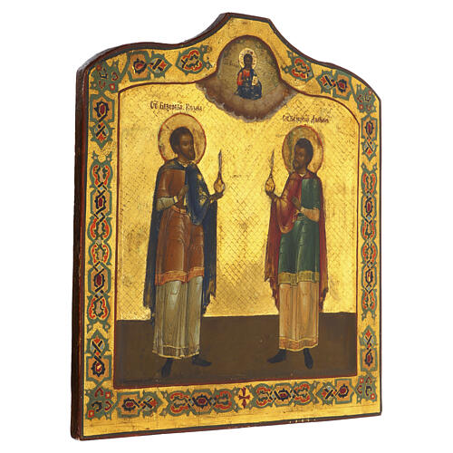 Icona Russa antica Santi Cosma e Damiano XIX secolo 34.5x30.5 cm 4