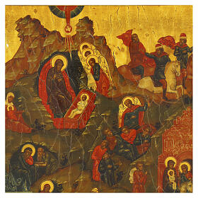 Birth of Jesus and biblical scenes, antique Russian icon, 20th century, 12x10 in
