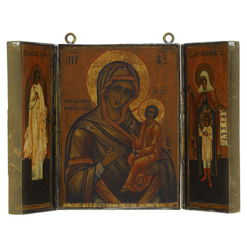 Triptyque russe ancien de voyage Mère de Dieu de Tikhvin XIXe siècle 26x17 cm 3