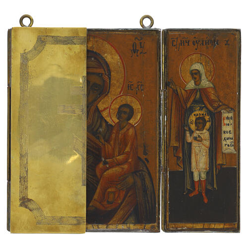 Trittico Russo antico da viaggio Madre di Dio Tikvin XIX secolo 26x17 cm 4