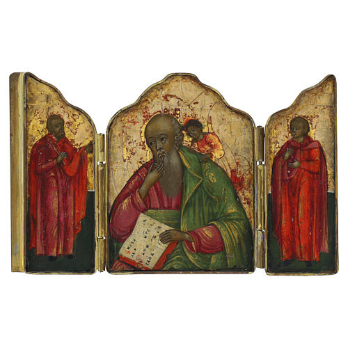 Icona da viaggio antica Russa S Giovanni evangelista santi scelti 13x8 cm aperto XIX secolo 1