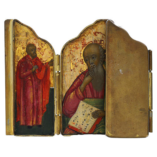 Icona da viaggio antica Russa S Giovanni evangelista santi scelti 13x8 cm aperto XIX secolo 4