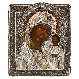 Icona Russa antica Madonna di Kazan con ricamo onorifico perle iris 27x23.5 cm fine XIX secolo