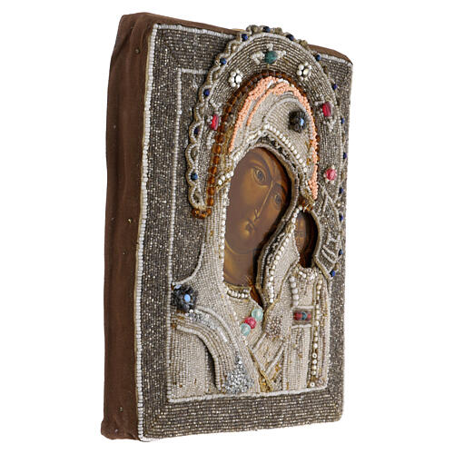Icona Russa antica Madonna di Kazan con ricamo onorifico perle iris 27x23.5 cm fine XIX secolo 4