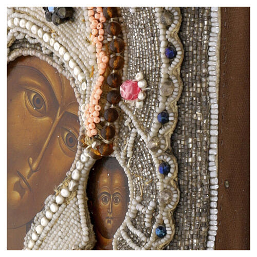 Icona Russa antica Madonna di Kazan con ricamo onorifico perle iris 27x23.5 cm fine XIX secolo 5