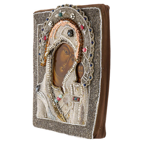 Icona Russa antica Madonna di Kazan con ricamo onorifico perle iris 27x23.5 cm fine XIX secolo 6