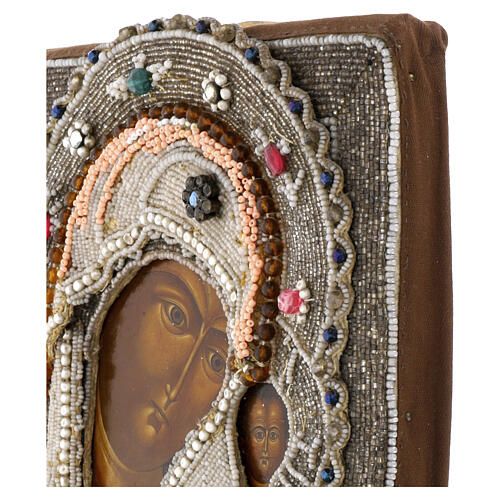 Icona Russa antica Madonna di Kazan con ricamo onorifico perle iris 27x23.5 cm fine XIX secolo 8