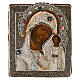 Icona Russa antica Madonna di Kazan con ricamo onorifico perle iris 27x23.5 cm fine XIX secolo s1