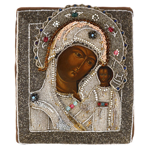 Ícone Russo antigo Nossa Senhora de Cazã com bordado honorífico contas coloridas 25,9x22,4 cm 1