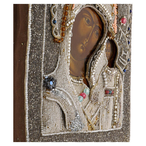 Ícone Russo antigo Nossa Senhora de Cazã com bordado honorífico contas coloridas 25,9x22,4 cm 7