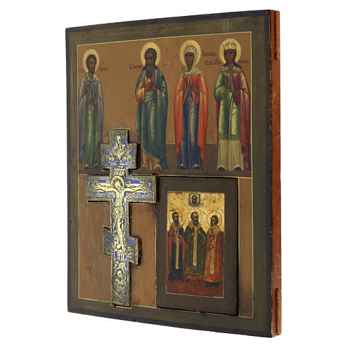 Antique Russian staurotheke with chosen saints, bronze cross, 19th century, 12x10 in 4