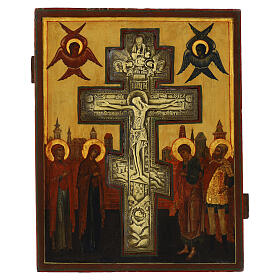 Icona Russa antica Crocifissione Stauroteca XIX secolo 31x25 cm