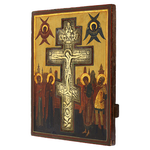 Icona Russa antica Crocifissione Stauroteca XIX secolo 31x25 cm 3