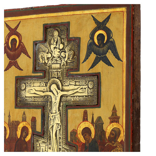 Icona Russa antica Crocifissione Stauroteca XIX secolo 31x25 cm 4