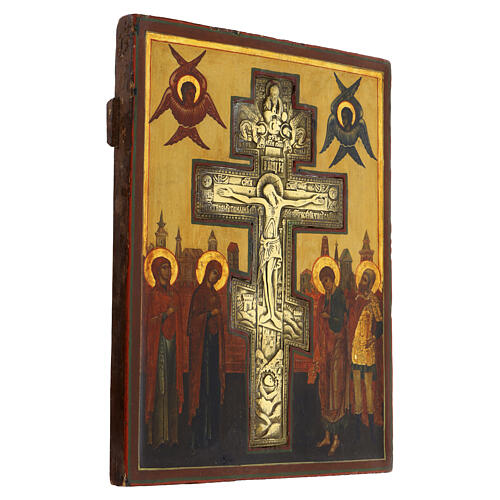 Icona Russa antica Crocifissione Stauroteca XIX secolo 31x25 cm 5