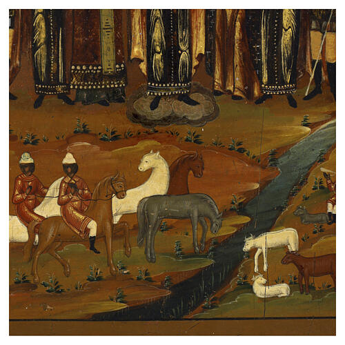 Ícone Russo antigo Santos Floro, Lauro, Modesto e Brás, Arcanjo Miguel com Acheiropoieta século XIX 35x30 cm 4