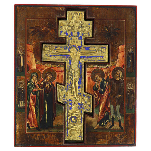 Antique Russian Crucifixion staurotheke icon, 19th century, 15x14 in 1