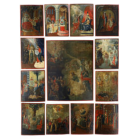 Antique Russian icon of the Twelve Feasts from Uglich, small panels of 6x5 in and central panel of 12x10 in, Descent into Hell