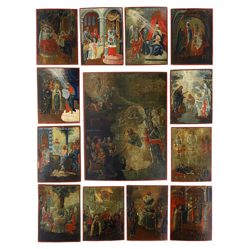 Antique Russian icon of the Twelve Feasts from Uglich, small panels of 6x5 in and central panel of 12x10 in, Descent into Hell 1