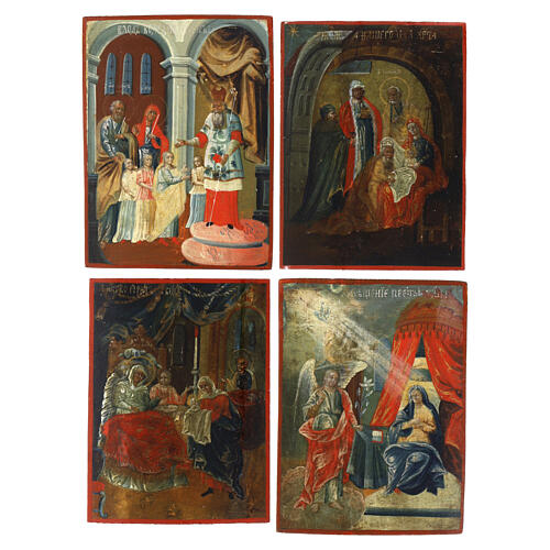 Icona Russa antica le 12 Feste Uglich tavole piccole 16x12 cm e tavola centrale discesa inferi 31,5x24,5 cm 6