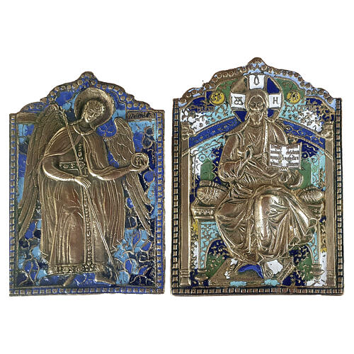 Antique Russian Deesis triptych, Archangels Michael and Gabriel, bronze and enamel, 8.7x6.2 in 2