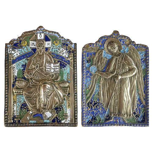 Antique Russian late 19th-century Deesis triptych with Archangels Michael and Gabriel, bronze and polychrome enamel 22 x 15.8 cm 3