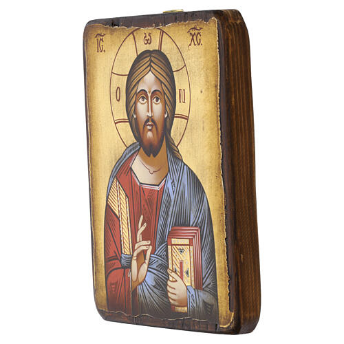 Romanian Icon of Christ Pantocrator, Red Robe, Antiqued Style, 18x14 cm 3