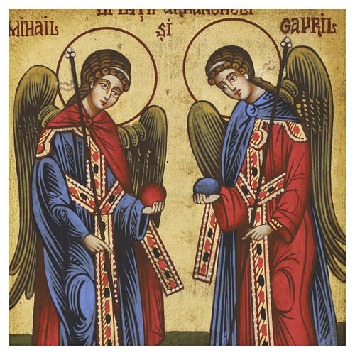 Hand-painted Romanian icon of Archangels Michael and Gabriel, antiqued style, 7x6 in 2