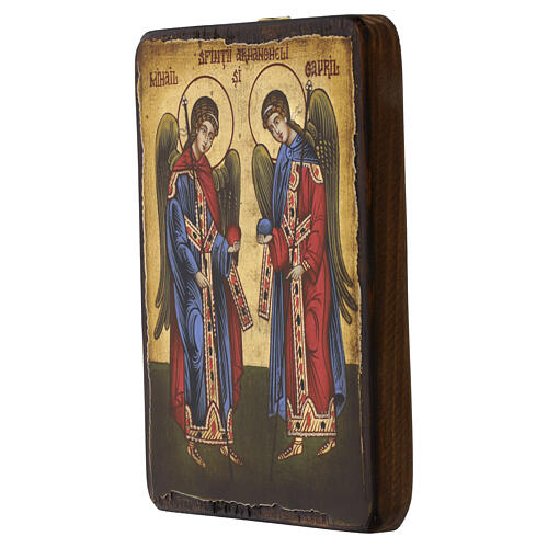 Romanian icon Archangels Michael and Gabriel hand painted antiqued style, 18x15 cm 3