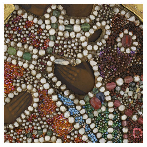 Icona russa antica XVIII sec Madonna Vladimir basma con perle di Iris 31x26 cm 4