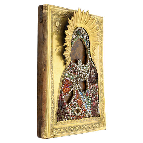 Icona russa antica XVIII sec Madonna Vladimir basma con perle di Iris 31x26 cm 5