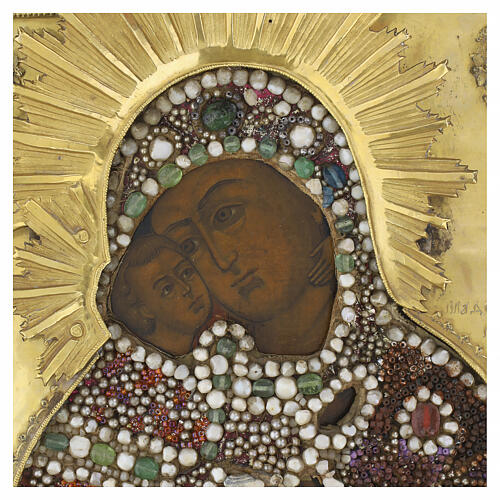 Ícone russo séc. XVIII Nossa Senhora de Vladimir com basma e pérolas de íris 31x26 cm 2
