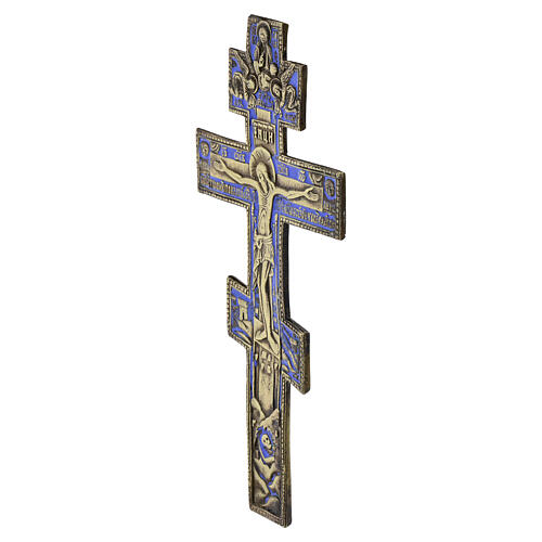 Crucifixo ortodoxo russo antigo do século XIX em bronze com esmalte azul, 27x13,5 cm 3
