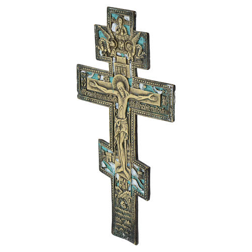 Antique late 18th-century Russian Orthodox bronze crucifix with enamels, 10x5.5 in 3