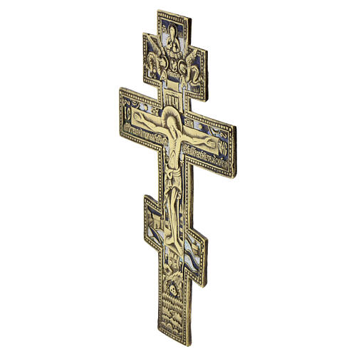 Altes russisches orthodoxes Bronzekruzifix mit weißer und blauer Emaille – 25 × 14 cm, neunzehntes Jahrhundert 3