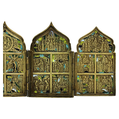 Icono ruso de viaje antiguo siglo XVIII de bronce políptico 17 x 39,5 cm 3