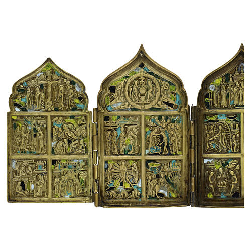 Icona russa da viaggio antica XVIII sec in bronzo Polittico 17x39,5 cm 2