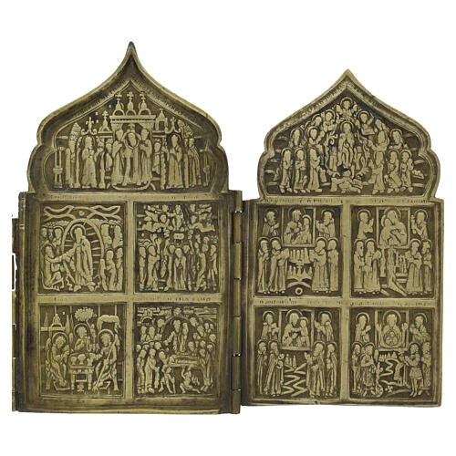 Alte russische Reiseikone aus Bronze mit Emaille, Polytychon – 15 × 36 cm, neunzehntes Jahrhundert 3