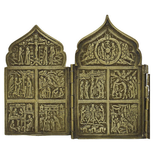 Russian early 19th-century enameled bronze travel polyptych icon, 15x36 cm 2