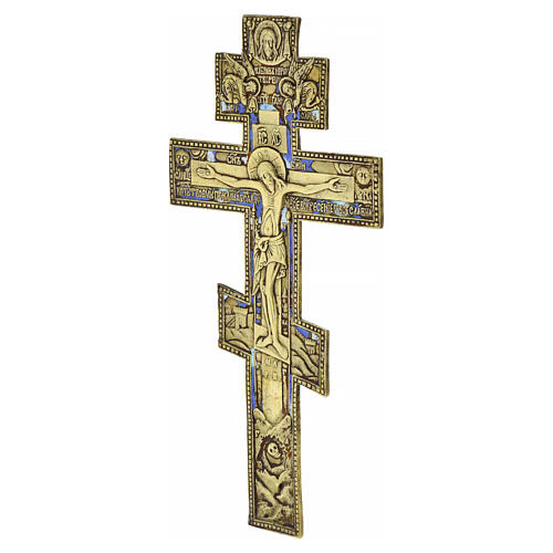 Crocifisso russo ortodosso XIX sec bronzo antico con smalti 18x15 cm 3